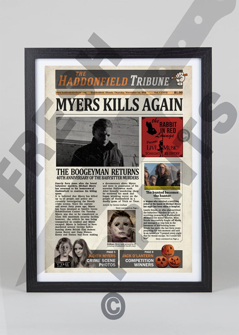 Halloween 2018 Haddonfield Michael Myers Mock Newspaper print | Etsy