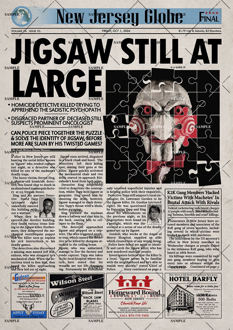 Saw 2004 Newspaper Poster Print The Jigsaw Killer Billy The Etsy