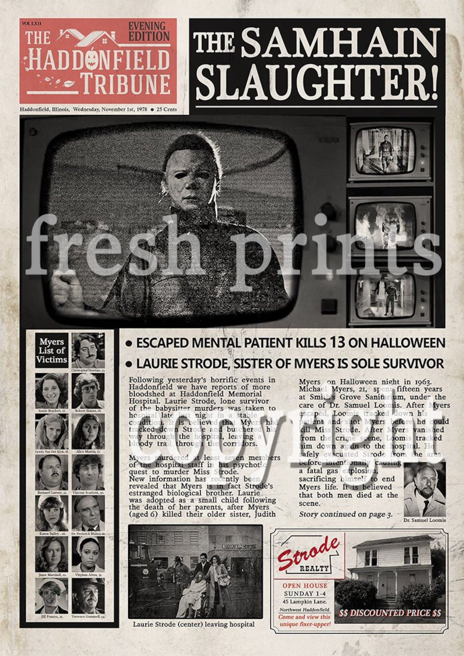 Halloween 2 Haddonfield Mock Newspaper print Michael Myers Etsy