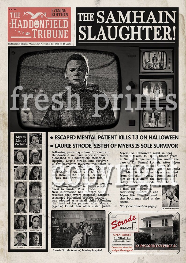Halloween 2 Haddonfield Mock Newspaper print Michael Myers | Etsy