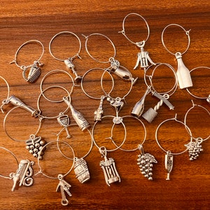 Wine Glass Charm Set of 6 | Silver tone wine-themed charms | Gold tone wine charms | Unique wine lover gift | Holiday party gift