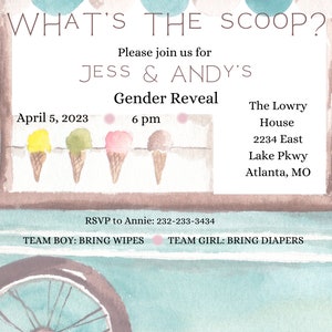 WHAT&#39;S the scoop Gender Reveal Invitation, Team Boy, Team Girl, Gender Reveal, What will baby be, ice cream, gender reveal
