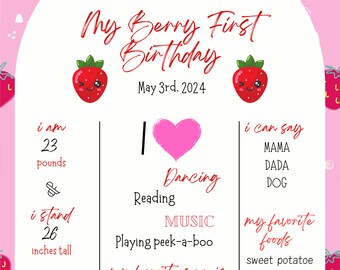 Berry First Birthday Milestone Template, Strawberry 1st birthday sign, Digital 1st birthday milestone board, Girl berry 1st birthday, Pink