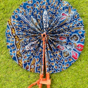 Blue Multi-Print | Folding Leather  Fan (F20)