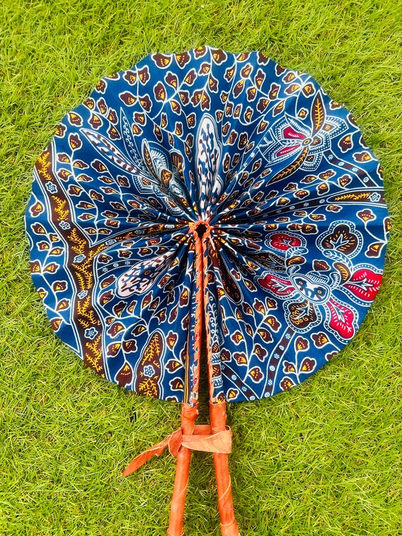 Blue Multi-Print | Folding Leather  Fan (F20)