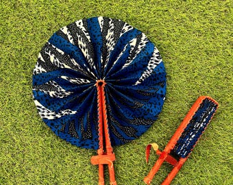 Azul e Branco | Estampa Africana | Leque Dobrável de Couro (F13)