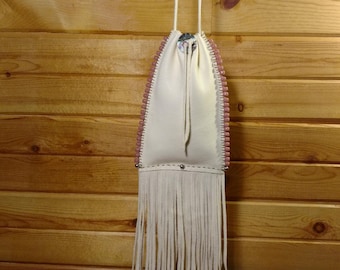 Elk Skin Handmade Pouch/ Bag , Glass and Nickle beads fringed