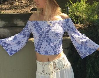 Off shoulder top, cold shoulder top, smocked top, crop top, festival top, boho top, womens crop top, womens top, summer top, bohemian top