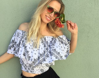 Off shoulder top, cold shoulder top, ruffle top, smocked top, crop top, festival top, ruffle crop top, boho top, womens crop top