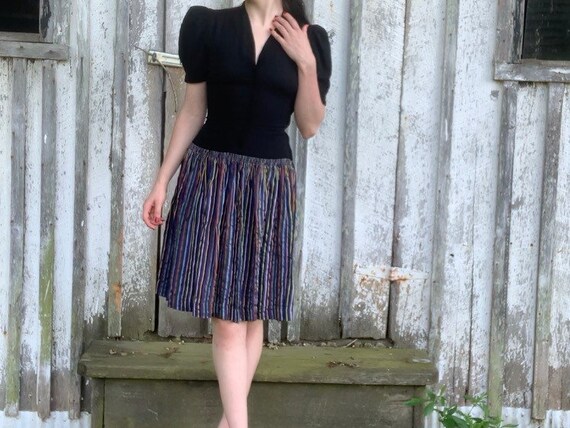 Vintage 1930s 1940s Black Striped puff sleeve dres