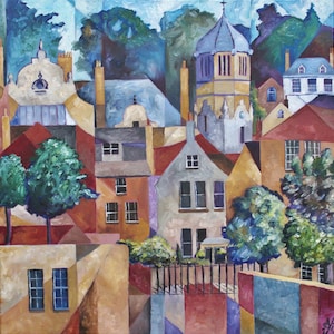 May include: A colourful painting of a cityscape with a tall, blue-domed church in the centre. The buildings are painted in a cubist style with geometric shapes and bright colours. There are trees in the foreground and background.