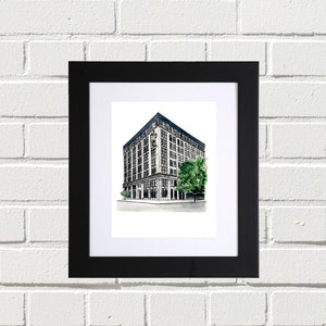 May include: A black and white illustration of a building with a tree in front of it. The building has many windows and a flat roof. The tree is green and has a few branches.