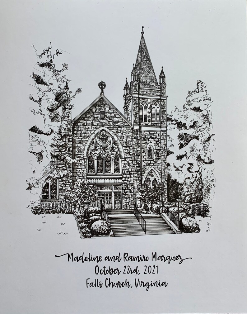 Custom Pen and Ink Church Drawing (gift for Anniversary, a Special Day ...