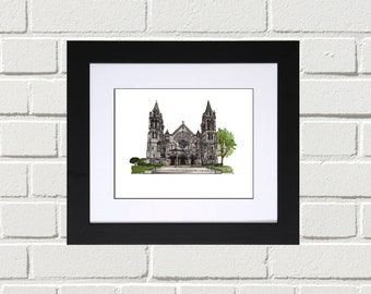 May include: A black and white line drawing of a church with two towers. The church is set against a white background.
