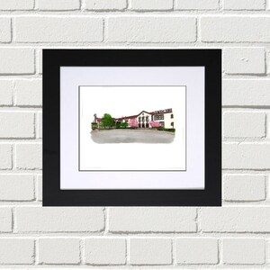 May include: A watercolor painting of a white building with a brown roof. The building has several windows and a large front entrance. There are trees with pink flowers in front of the building.