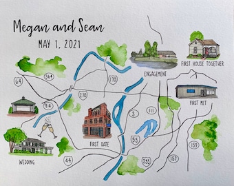 8 x 10-Custom Watercolor Wedding Map (One-of-a-kind painting to celebrate the big day!)