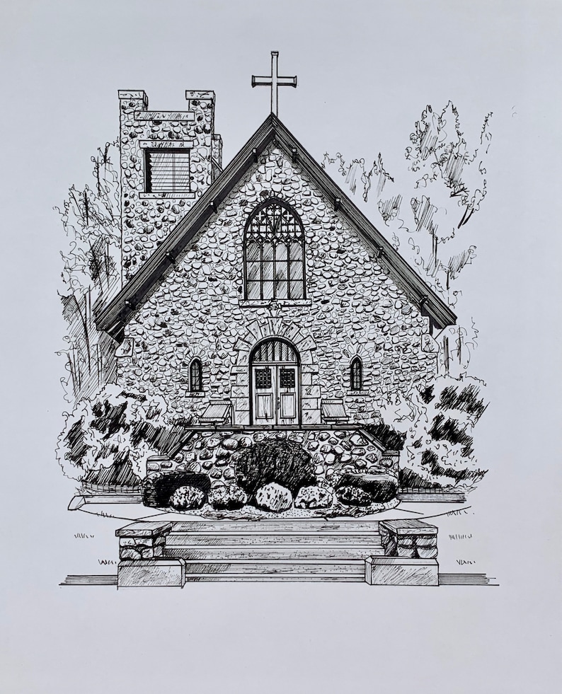 Custom Pen and Ink Church Drawing (gift for Anniversary, a Special Day ...