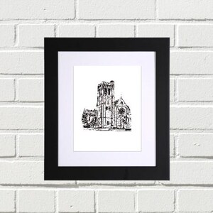 May include: Black and white line drawing of a church building with a tall steeple and a pointed roof. The church is surrounded by trees.