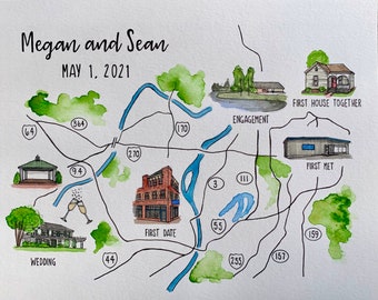 11 x 14-Custom Watercolor Weddin Map (One-of-a-kind painting to celebrate the big day!)