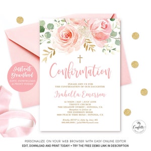 EDITABLE Confirmation Invitation Template, Printable Confirmation Invitation, Blush Pink Floral, Girl, MCP830, CJB