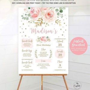 Editable First Birthday Milestone Board Template, Printable Baby Girl 1st Birthday Milestone Poster Sign, Pink Blush Floral, MCP821, CJB