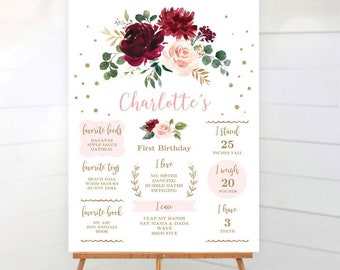 EDITABLE Birthday Milestone Board, Printable Birthday Milestone Poster Sign Template, First, 1st, Burgundy Pink Floral, MCP817, CJB