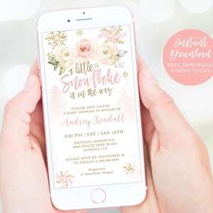 A Little Snowflake is on the Way Digital Invitation, Winter Snowflake Baby Shower Invitation, EDITABLE, Girl, Floral, Snowflake, MCP842, CJB