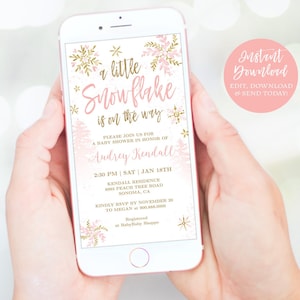 A Little Snowflake is on the Way Digital Invitation, Winter Snowflake Baby Shower Invitation, EDITABLE, Girl, Snowflake, MCP842, CJB