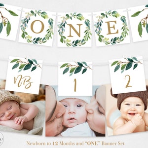 Printable Baby Milestone Banner Set, Newborn to 12 Months Banner, "ONE" Banner, 3x3 inch Squares, Greenery, Gender Neutral, MCP815