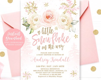 Winter Baby Shower Invitation Girl, Printable Baby Shower Template, EDITABLE, A Little Snowflake is on the Way, Pink, Girl, MCP842, CJB