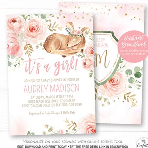 May include: Pink and gold baby shower invitation with a floral design and a sleeping fawn wearing a flower crown. The text reads "It's a girl!" and "Audrey Madison".