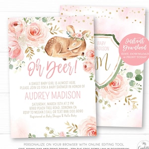 Girl Baby Shower Invitation, Printable Baby Shower Invitation, EDITABLE Invitation Template, Blush Pink, Baby Deer, Oh Deer!, MCP838, CJB