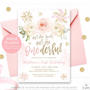 Baby's First Birthday Invitation Girl, Isn't She Lovely, Isn't She Onederful, Printable Birthday Invitation Template, EDITABLE,  MCP843, CJB