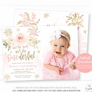 Onederful Winter Photo Birthday Invitation Template, &quot;Isn&#39;t She Lovely, Isn&#39;t She Onederful&quot;, Editable, Printable, Snowflakes, MCP843, CJB