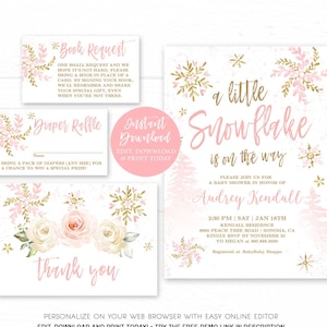 Snowflake Baby Shower Invitation Bundle, Printable Invitation Template, Editable, Baby Girl, A Little Snowflake is on the Way, MCP842, CJB