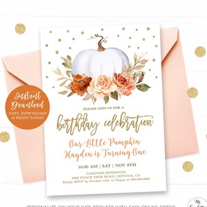 ANY AGE Editable Birthday Invitation Template, Printable Fall Pumpkin Birthday Party Invitation, Autumn, Boy, Girl, MCP91, CJB