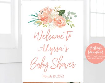 Peach Floral Baby Shower Welcome Sign, Printable Large Baby Shower Welcome Sign Template, Editable Name and Date, MCP808, CJB