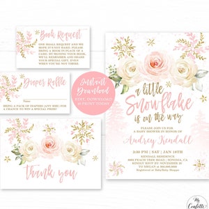 Winter Baby Shower Invitation Bundle, Printable Invitation Template, Editable, Baby Girl, A Little Snowflake is on the Way, MCP842, CJB