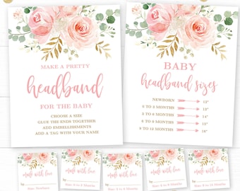 Printable Headband Station Set with Signs and Tags, Make a Headband Sign Template, Editable, Blush Pink Floral, Girl, MCP820, CJB