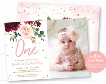 Baby Girl First Birthday Invitation, Editable Photo Birthday Invitation Template, Printable, Girl, One, Pink Burgundy Floral, MCP817, CJB