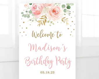 Any Age Birthday Party Welcome Sign, Printable Large Birthday Party Sign, Blush Pink Floral, Girl, Editable, MCP821, CJB