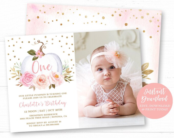 Pumpkin First Birthday Invitation Printable First Birthday - Etsy