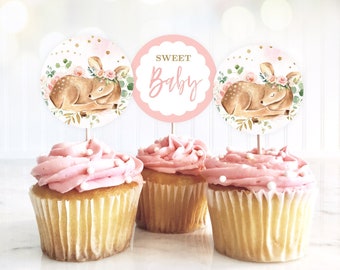 Baby Shower Cupcake Toppers, Printable Cupcake Toppers, Baby Deer Girl, Boho, Sweet Baby, Girl, Baby Shower Decor, MCP838