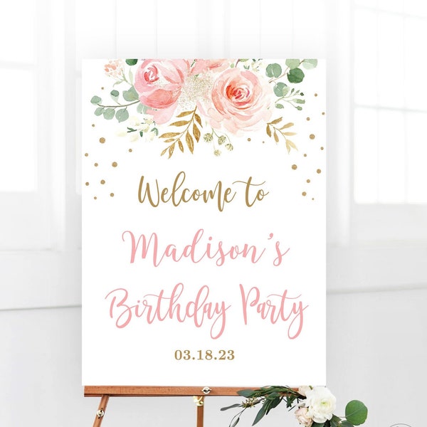 Any Age Birthday Party Welcome Sign, Printable Large Birthday Party Sign, Blush Pink Floral, Girl, Editable, MCP821, CJB