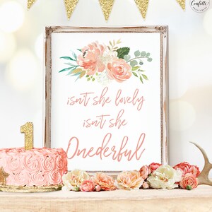 Peach First Birthday Poster Sign, Printable &quot;Isn&#39;t She Onederful&quot; Sign, Peach Floral, Girl 1st Birthday, Large, 18x24, 24x36, MCP809