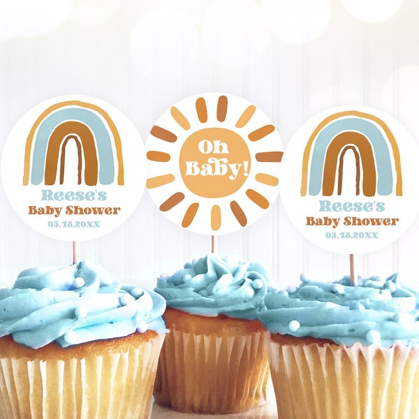 Editable Baby Shower Cupcake Topper Template, Rainbow, Sun, Sunshine, Retro, 70s, Boy, Blue, Terracotta, Printable, Custom, MCP101, CJB