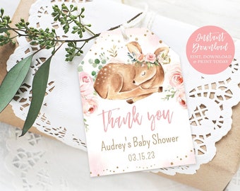 Baby Shower Favor Tag, Thank You Favor Tag for Baby Shower or Birthday, EDITABLE, Baby Deer Favor Tag, Girl, Pink, MCP838, CJB