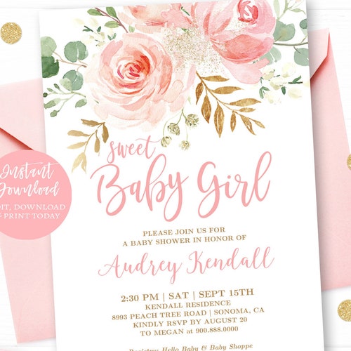 Editable Girl Baby Shower Invites Blush Baby Shower Floral Baby Shower Invitation Bundle