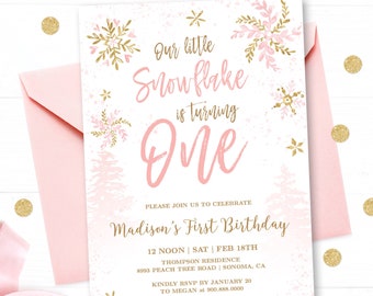 Winter Birthday Invitation Girl, Printable First Birthday Invitation Template, EDITABLE, Baby's First Birthday, Snowflake, One, MCP843, CJB