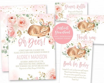 Girl Baby Shower Invitation Bundle, Printable Baby Shower Invitation Girl, EDITABLE Template, Floral, Pink, Baby Deer, Oh Deer!, MCP838, CJB